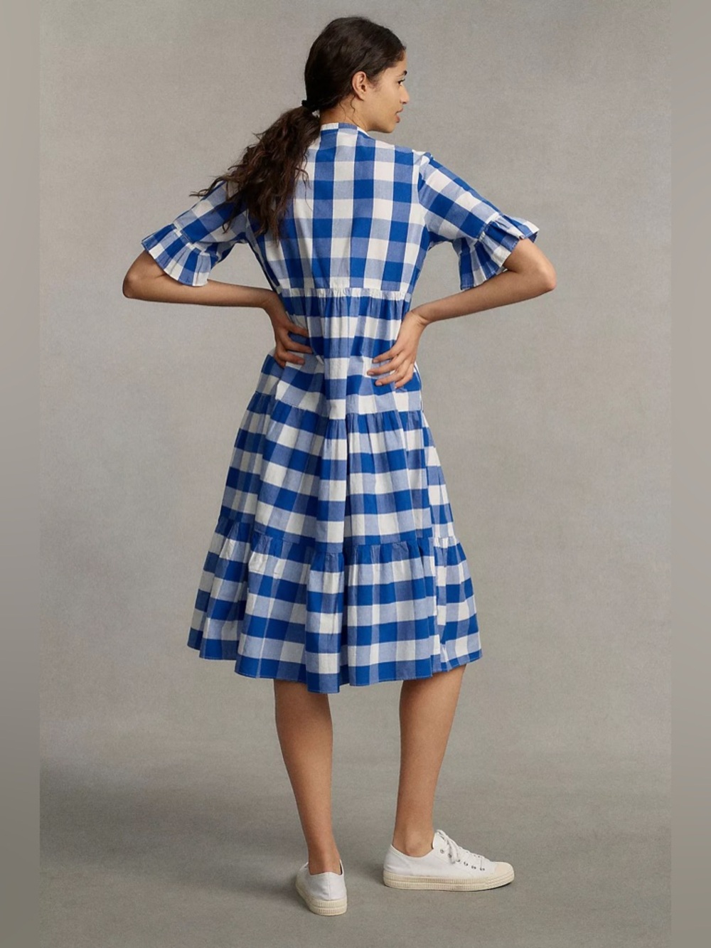 Anthropologie Whit Two Gingham Tiered Midi Dress Blue White - Picture 3 of 6
